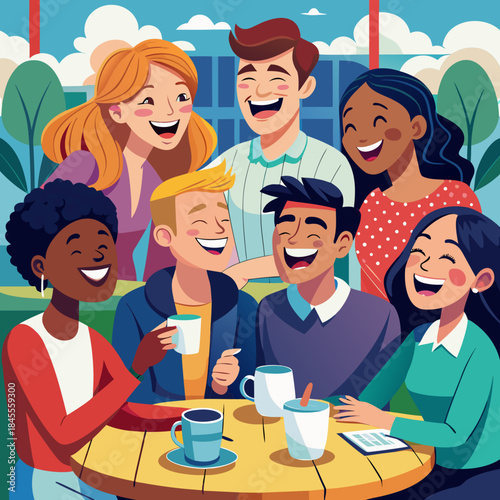 Diverse group of friends laughing at a café, clean vector style.