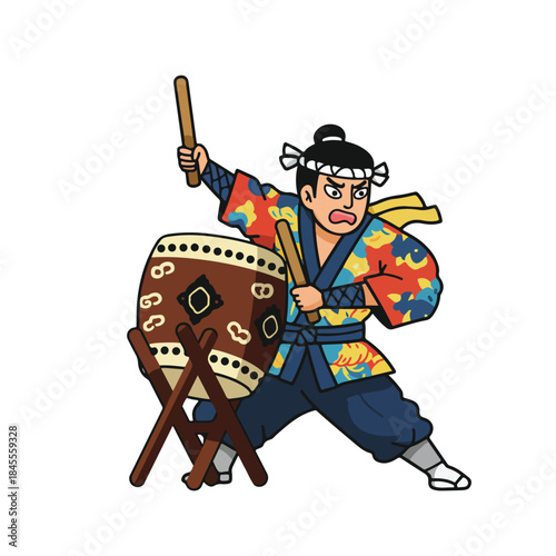 Man drums taiko in traditional clothing. Suitable for music promotions, cultural events, and asianthemed projects. Energetic and powerful performance.