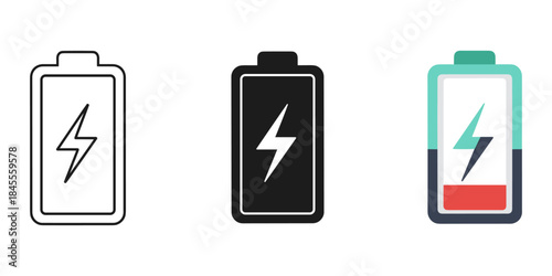 Three different styles of battery icon showing charging status and power level