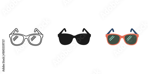 A set of three icon designs for sunglasses in outline, silhouette, and color styles, isolated on white background.