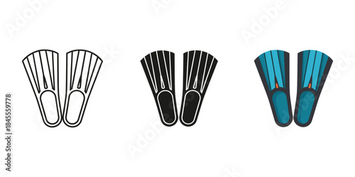 Swim fins icon set showing outline, solid black, and colorful designs for water sports