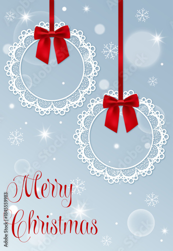 Christmas Background with Red Bows, Hanging, Festive Background, Holiday Decoration, Snowflakes, Glowing Stars and Bokeh, Merry Christmas, Vector