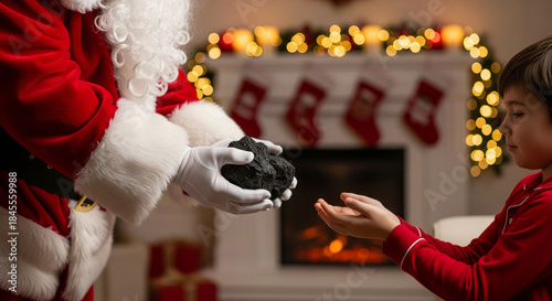 Santa Claus handing black coal lump to a naughty child near fireplace, Christmas tradition concept.