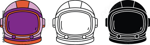 Three astronaut helmets in purple orange black and white space helmet purple helmet