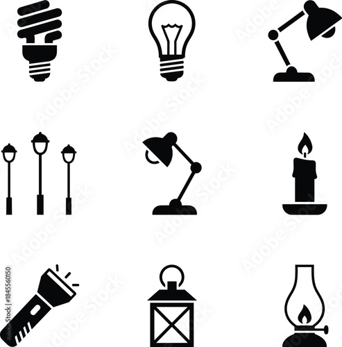Light Source and Lamp Silhouette Icon Vector Set Featuring Bulbs, Desk Lamps, Candles, Lanterns, and Flashlights for Illumination, Energy, and Interior Design Projects