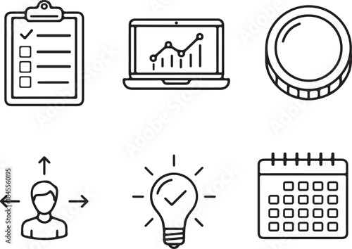 Business Planning Line Icons Set – Checklist, Analytics, Idea, Calendar