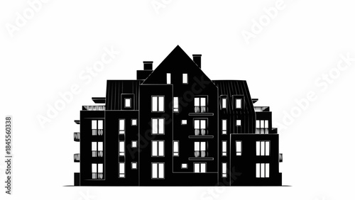 Modern Apartment Building Facade Silhouette Black and White Architectural Design.