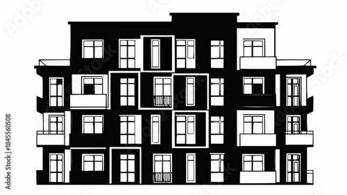 Modern Apartment Building Facade Black and White Graphic.