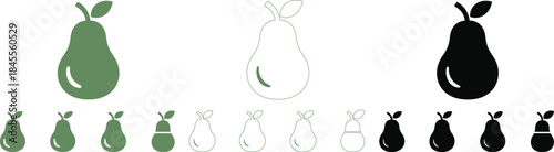 Three large pears in green black and white with smaller pears in a row underneath fruit