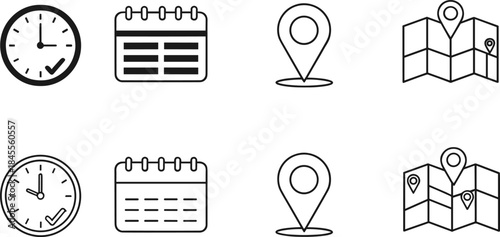 Time Schedule and Location Line Icon Vector Set Featuring Clock, Calendar, Map Pin, and Navigation Symbols for Planning, Travel, and User Interface Design Projects