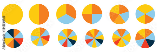Set of colorful pie charts. Colorful pie charts with varying segments. Circle section graph. Pie chart set. Pie charts diagrams. Different color circles. donut and pie chart infographic elements set.