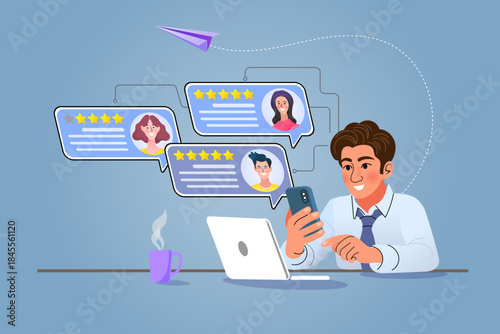 Businessman holding smartphone looking at five-star rating review bubbles popping out from laptop. Concept of customer satisfaction feedback, online survey rating, and service experience.