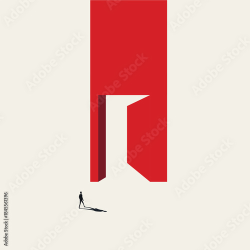 Minimal vector concept illustration of a businessman standing before a massive open red door, symbolizing new opportunities, ventures, and beginnings.