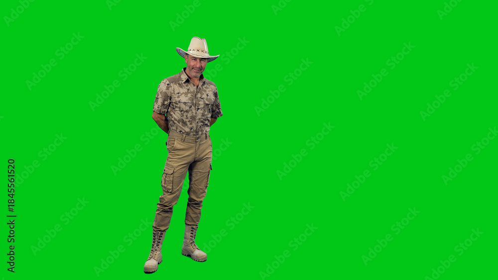 Fototapeta premium American middle aged man ranger wearing camouflage with cowboy hat and boots standing and looking at camera against green screen
