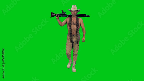 Cinematic style of middle aged shirtless man wearing cowboy hat walking with a machine gun and cartridge belt on green chroma key background