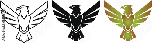 Three stylized eagle with different color schemes and bird symbol black white