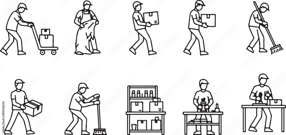 Naklejka premium Comprehensive Illustration of Warehouse and Logistics Workers Performing Daily Operations