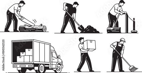Detailed Illustration of Cleaning, Maintenance, and Moving Service Workers Performing Professional Tasks