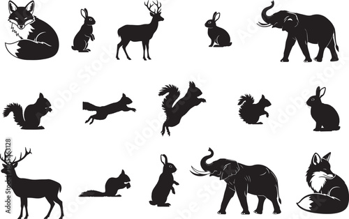 Variety of animal silhouettes including deer elephant squirrel fox