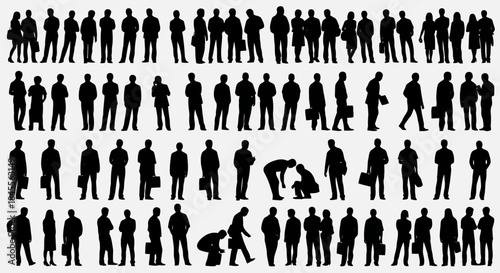Collection of diverse business people silhouettes in various poses and attire against a white background