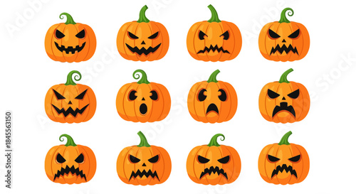 Collection of twelve cartoon jack o lantern pumpkins with various scary and surprised facial expressions on a white background