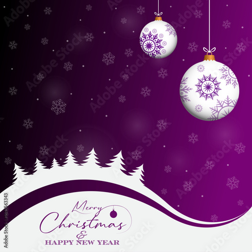 Purple chrismas card design with winter landscape, pine forest, 3d baubles vector. Winter holidays concept card design to use for merry christmas greetings, winter advertising, happy new year card.