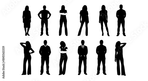 Collection of diverse male and female silhouettes in various poses and attire on white background