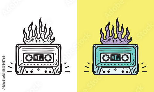Flaming cassette tape with bold retro illustration style
