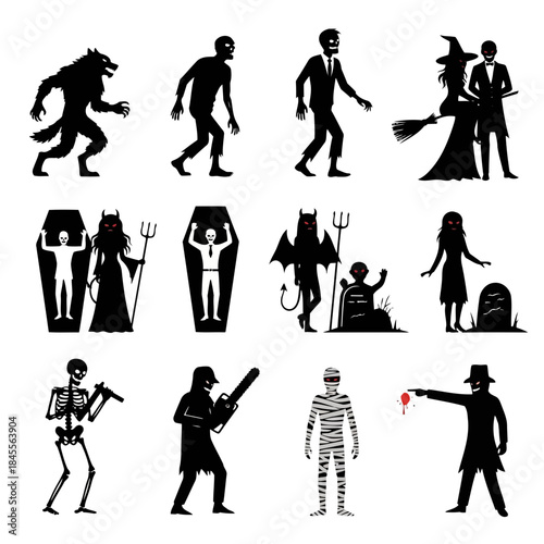 Collection of halloween monster silhouettes including werewolf zombie witch devil mummy skeleton and chainsaw killer