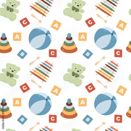 Seamless pattern featuring various baby and kids toys including a teddy bear, xylophone, stacking rings (pyramid), and alphabet blocks. Perfect for nursery decor, children's clothes, and wrapping pape
