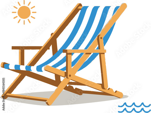 A blue and white striped beach chair on a with a sun and water nearby summer vibe