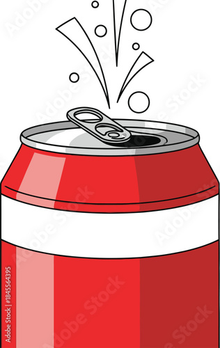 A red soda can with the top open and soda spraying out