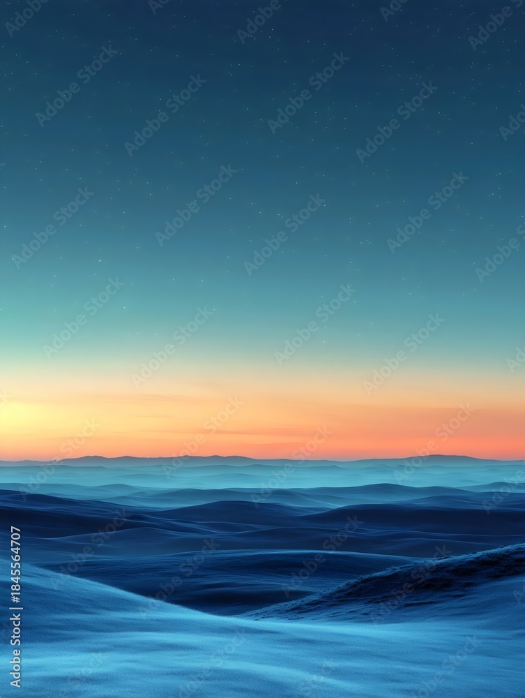 Fototapeta premium A serene winter landscape at dusk features rolling snow-covered hills under a starry sky, blending shades of blue and soft orange, creating a tranquil and ethereal atmosphere.