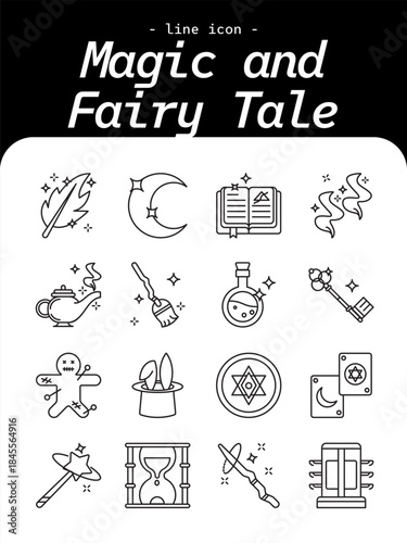 Magic and Fairy Tale thin line icon set. Fantasy story, mythical world outline icons.