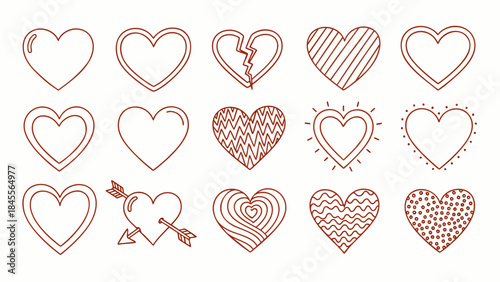 A collection of various hand-drawn heart outlines in a reddish-brown color, illustrating different emotions and design styles, perfect for Valentine's Day or romantic themes.