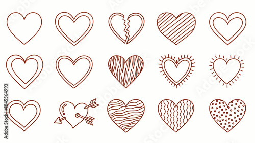 A charming collection of diverse hand-drawn heart outlines and decorative symbols, perfect for expressing love, romance, and affection in design.