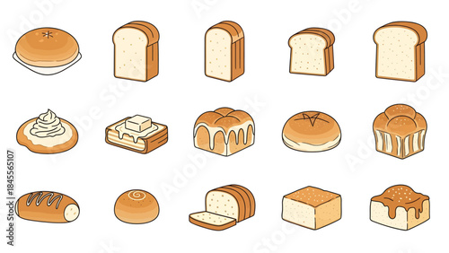 Set of cartoon food icons collection with chocolate, sandwich, cake, coffee cup, and breakfast burger illustration
