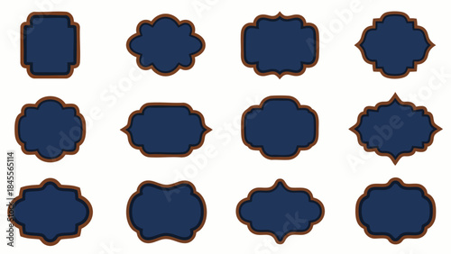 An assortment of twelve unique dark blue frames featuring elegant brown borders, suitable for various labels, badges, and vintage design projects.