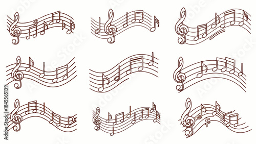 Elegant musical notation elements with treble clefs and notes on staffs create a harmonious visual rhythm.
