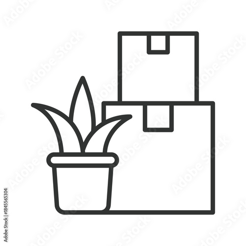 Plant transportation icon in line design. plant, boxes, moving, relocation, transport, logistics on white background vector. plant transportation editable stroke icon