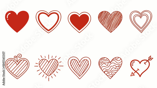 Collection of ten diverse red heart illustrations in various doodle and outline styles for love and romance themes.