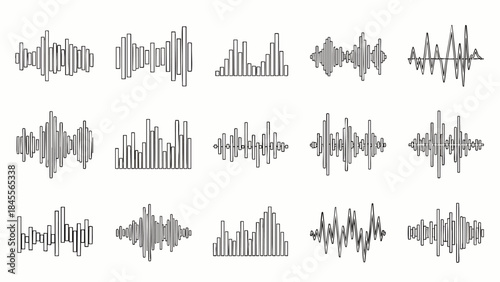 Collection of diverse sound wave patterns representing audio signals and digital music visualization.