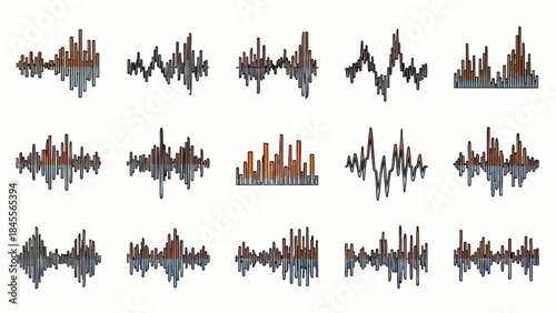 Collection of diverse audio waveforms and sound visualizations in abstract graphic design elements.