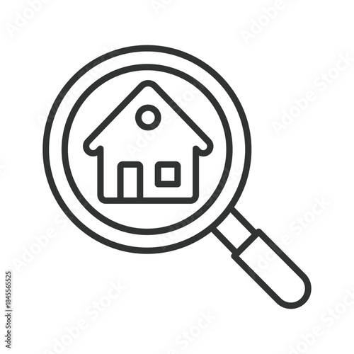 Housing search icon in line design. house, search, magnifier, relocation, real estate on white background vector. housing search editable stroke icon