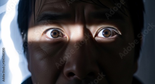 Close-up of a mans eyes with a beam of light across his face, creating a dramatic and intense expression.