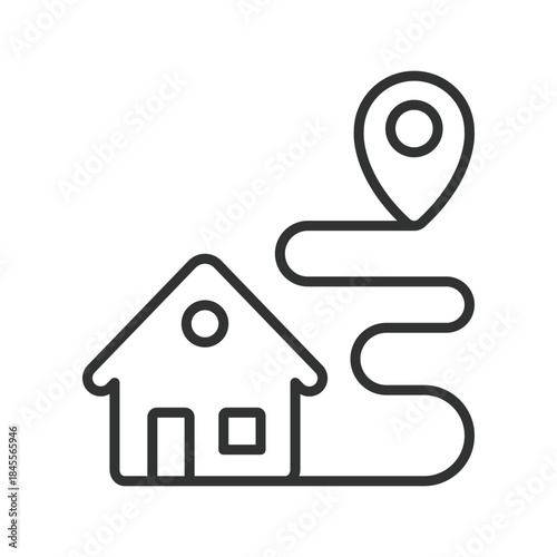 Relocation route icon in line design. house, route, location, moving, navigation on white background vector. relocation route editable stroke icon