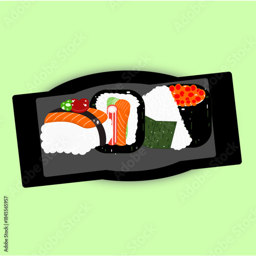 Japanese Sushi Platter Illustration on Black Plate