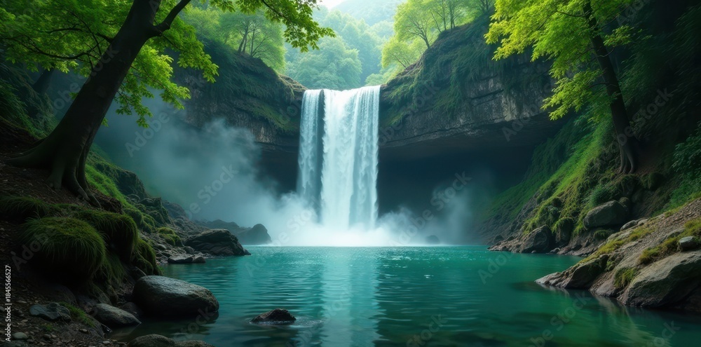 Fototapeta premium Dark, misty waterfall plunges into emerald pool, ancient trees surround , emerald, dramatic, lush