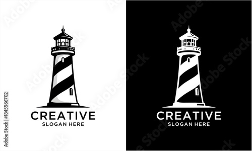 Classic Lighthouse Logo Design with Striped Tower and Beacon.