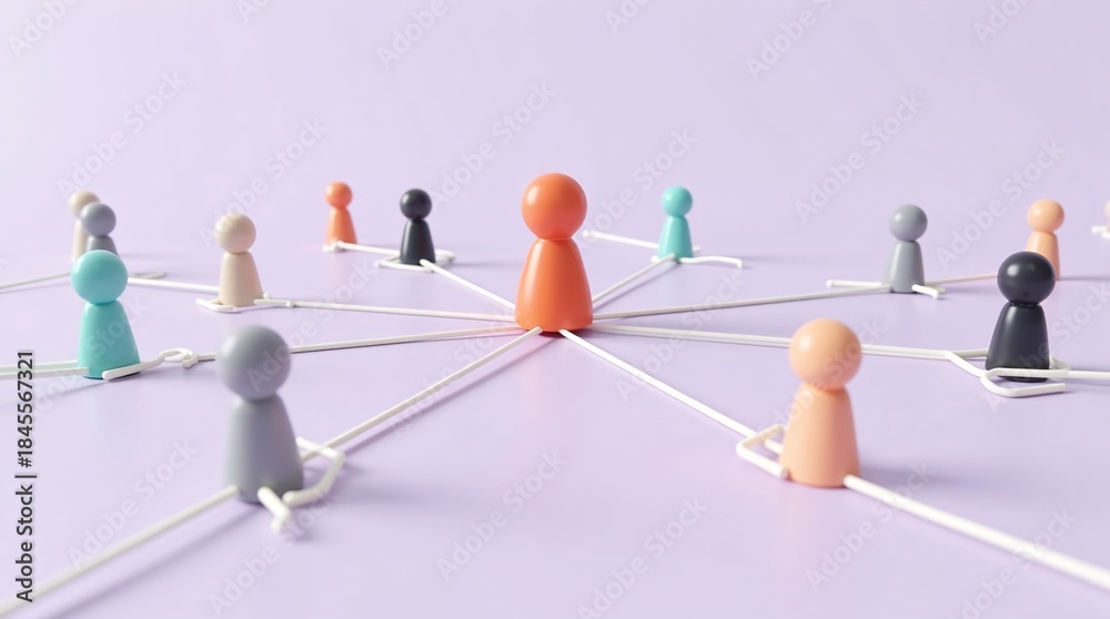 Obraz premium A large orange central figure connects (via white lines) to smaller colorful figures on a soft purple background.